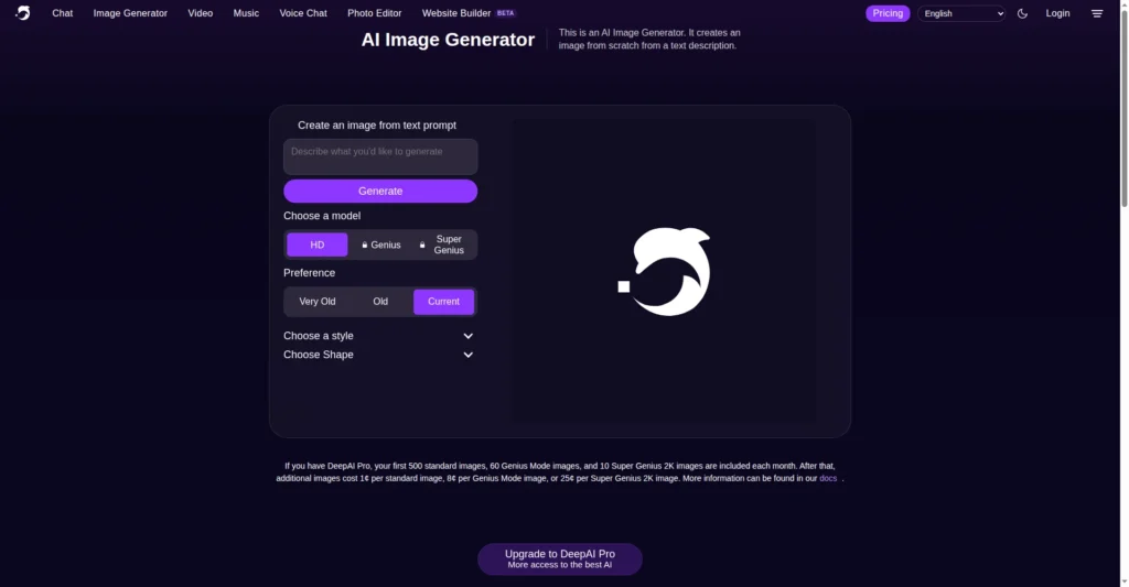 DeepAI image generator interface