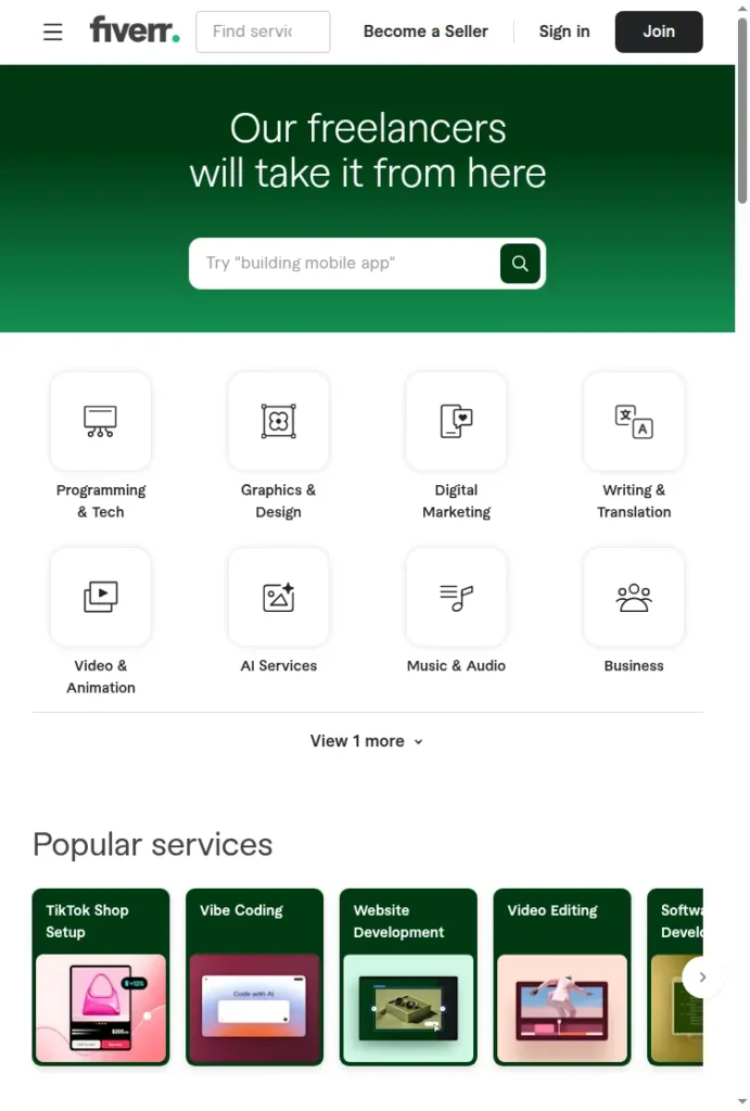Fiverr marketplace homepage