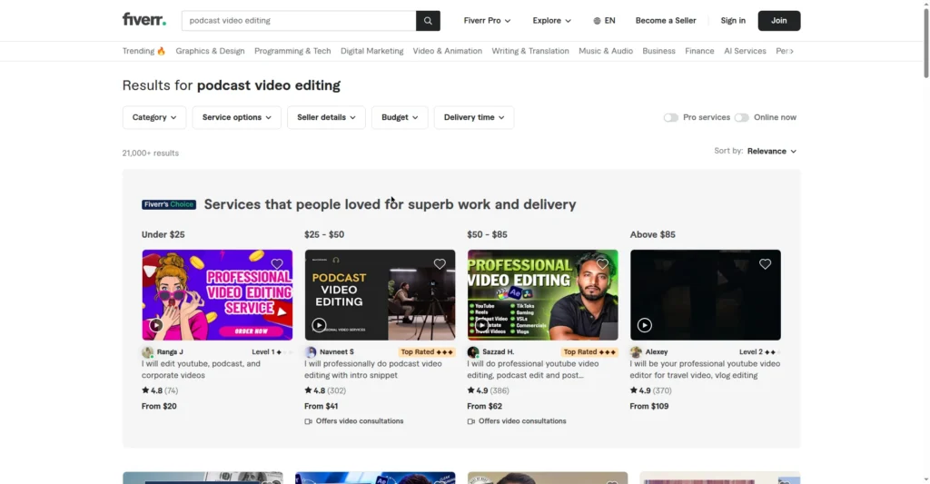 Podcast video editing gigs on Fiverr — podcast editing cost on fiverr