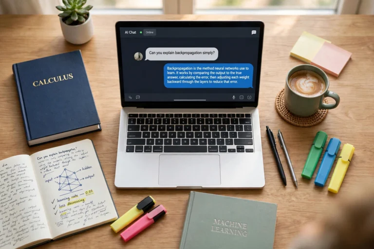 Student desk with laptop, notebooks and study materials in 2026