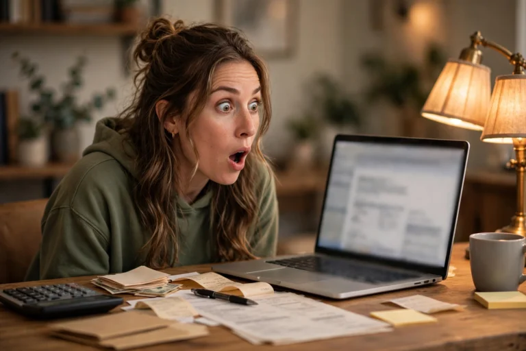 Woman surprised looking at a laptop showing a web hosting renewal invoice with bills and calculator on desk
